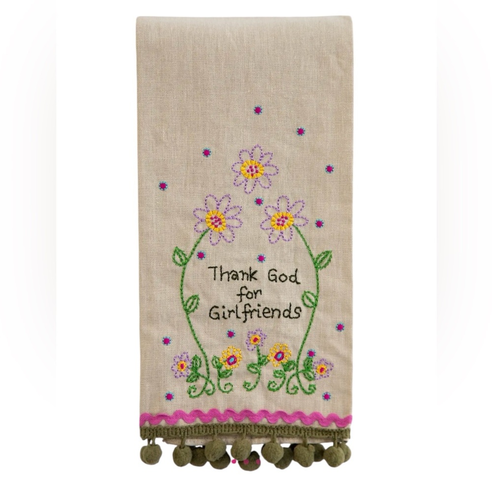 Natural Life thank God for girlfriends linen pom pom towel